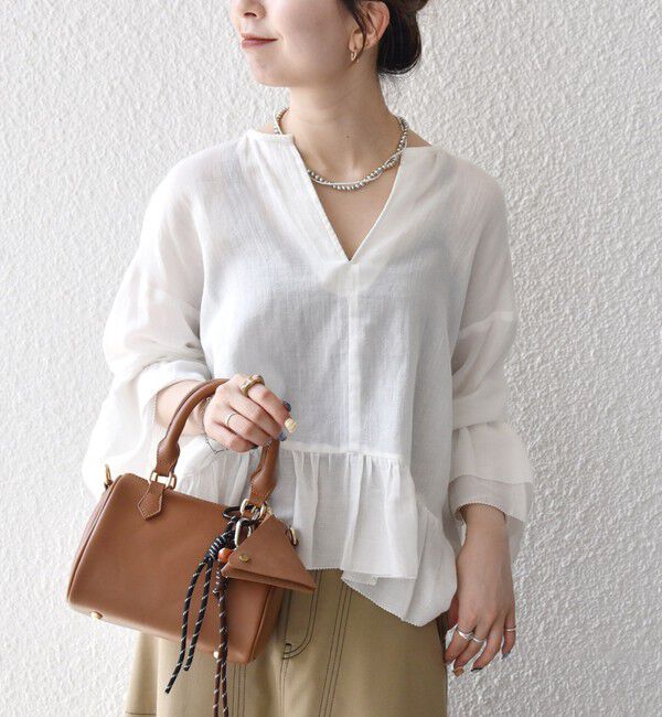 SHIPS any「SHIPS any:〈洗濯機可能〉コットン モス ラッフル フリル キーネック ブラウス」|シャツ・ブラウス|