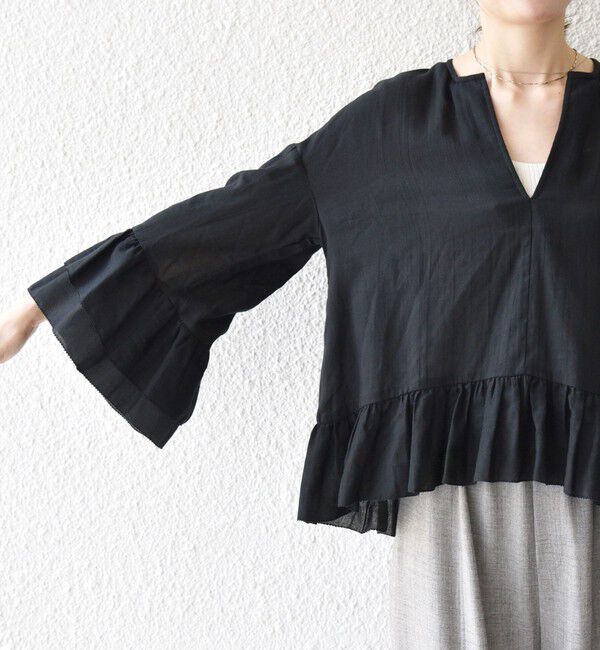 SHIPS any「SHIPS any:〈洗濯機可能〉コットン モス ラッフル フリル キーネック ブラウス」|シャツ・ブラウス|