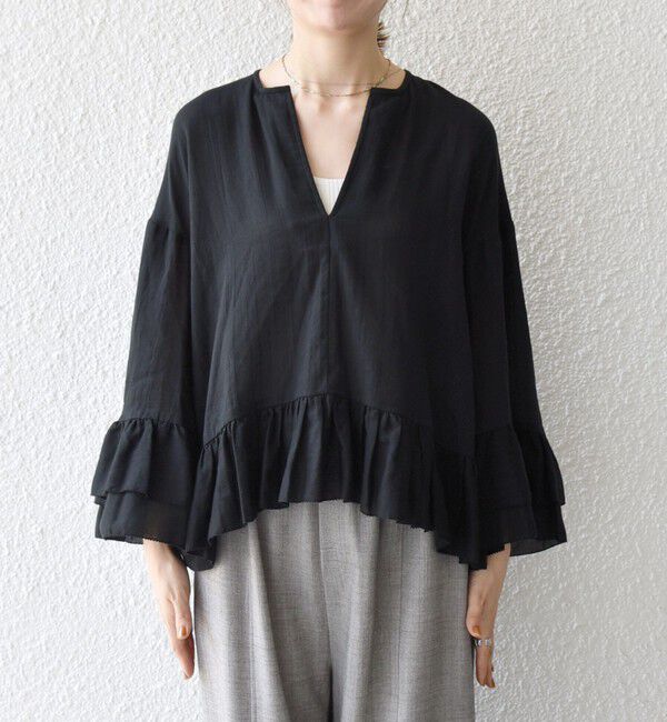 SHIPS any「SHIPS any:〈洗濯機可能〉コットン モス ラッフル フリル キーネック ブラウス」|シャツ・ブラウス|