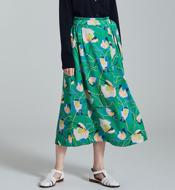 Ballsey「アイヴィーフラワープリント アシンメトリータックミディスカート」|フレア|56 カーキ系