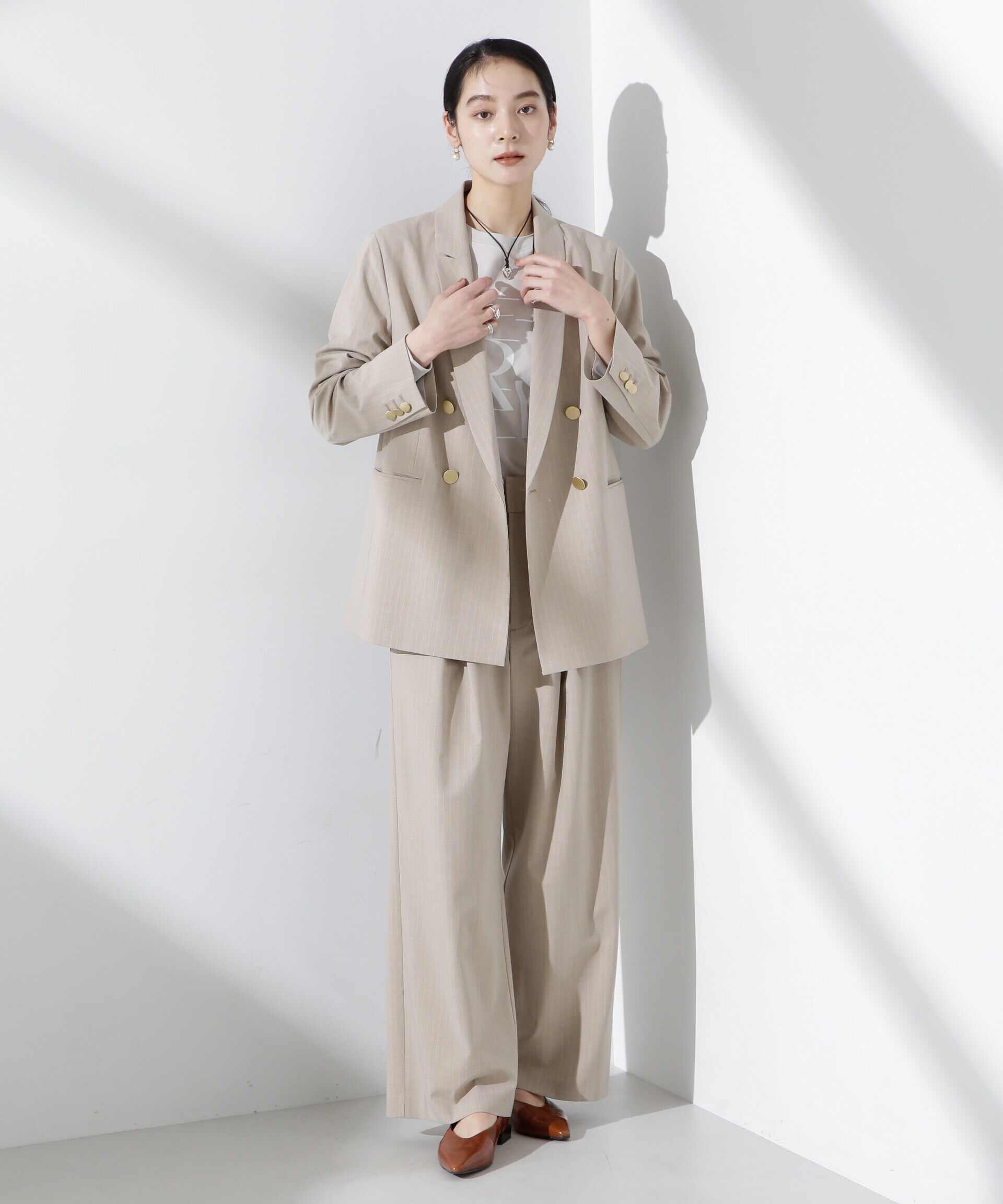 nano･universe「トロストレッチレイヤードタックワイドパンツ（セットアップ可）」|チノ|