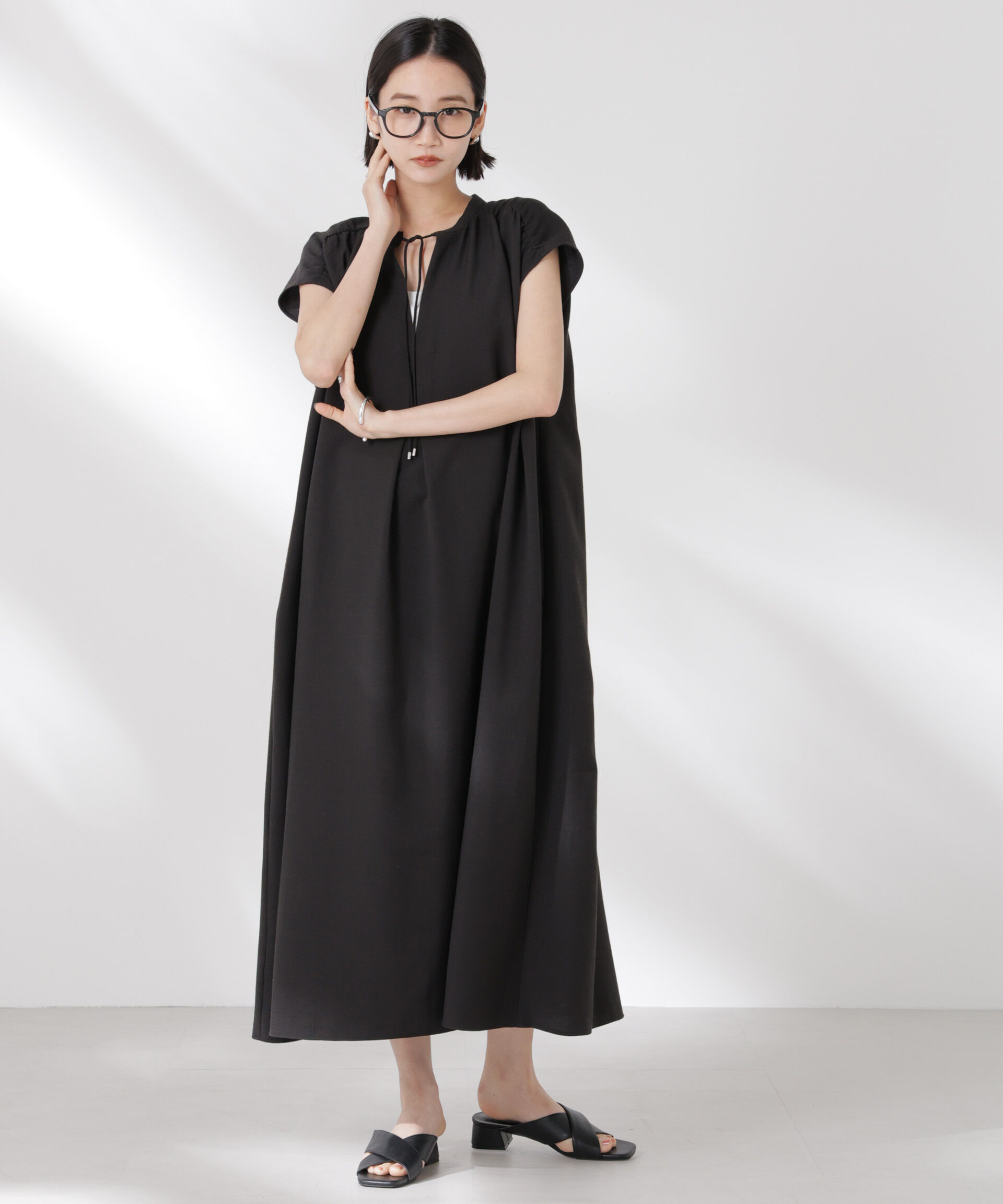 nano･universe「ギャザーショルダーフレアワンピース」|ワンピース|ブラック