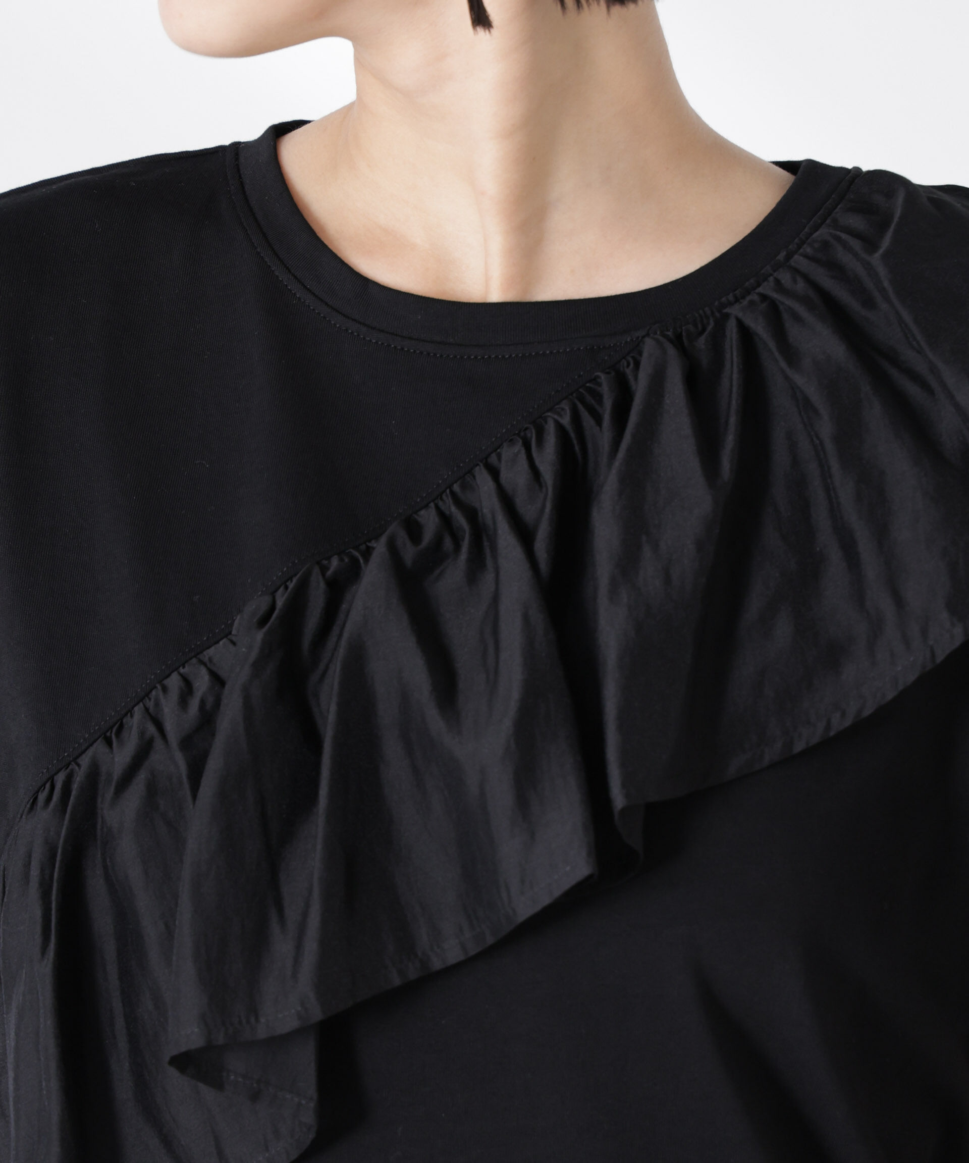 nano･universe「アシンメトリーフリル異素材コンビTシャツ」|Tシャツ・カットソー|
