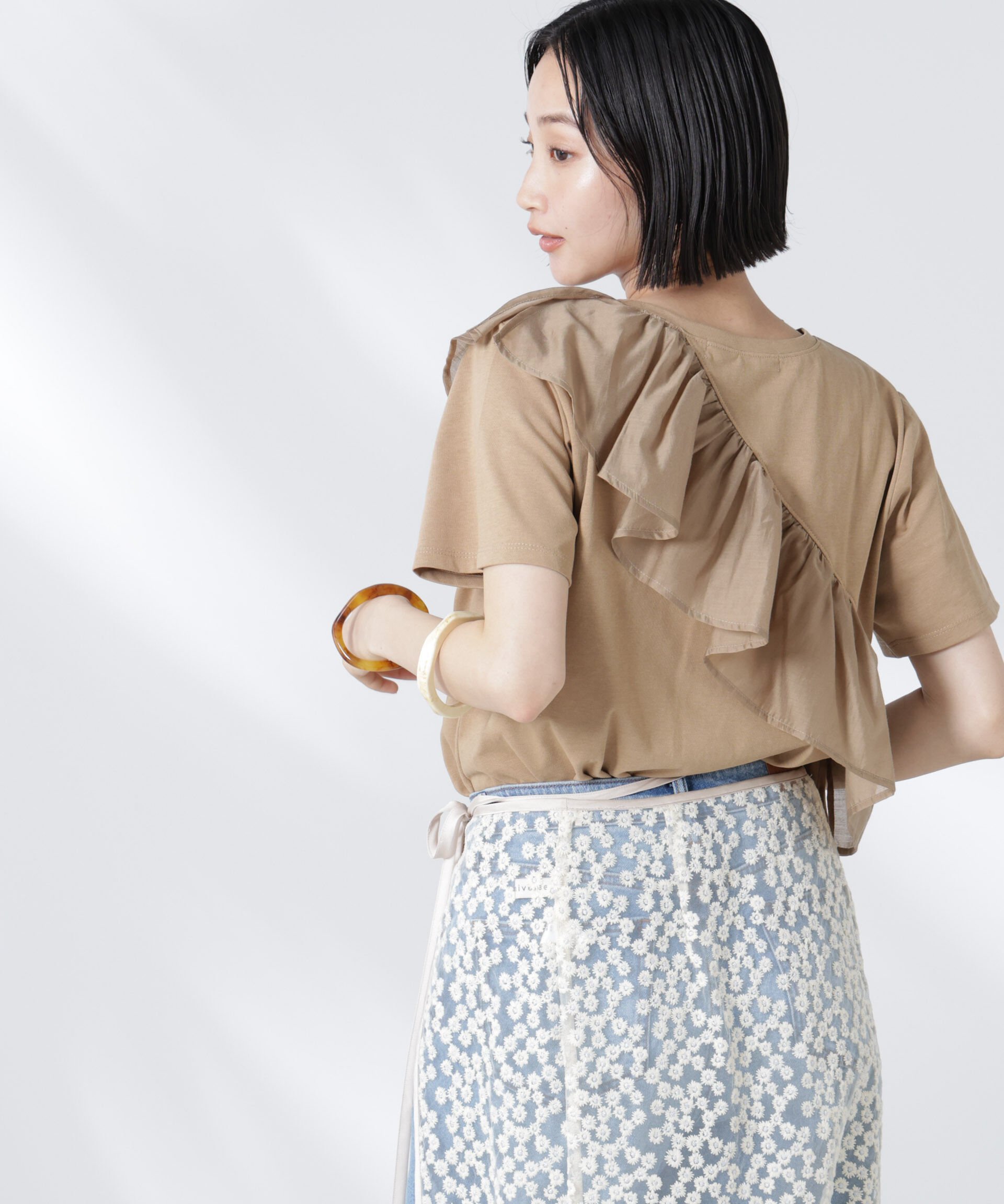 nano･universe「アシンメトリーフリル異素材コンビTシャツ」|Tシャツ・カットソー|