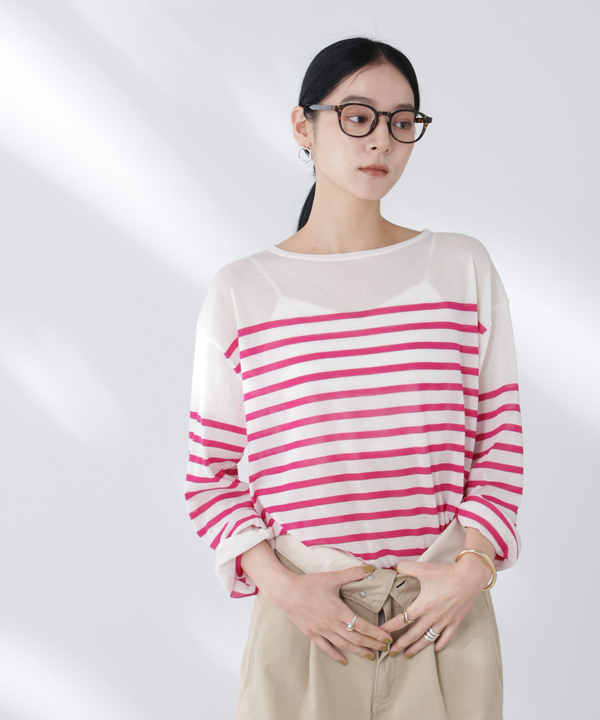 nano･universe「コットンナイロンシアーボーダーニットトップス」|ニット・セーター|ピンク