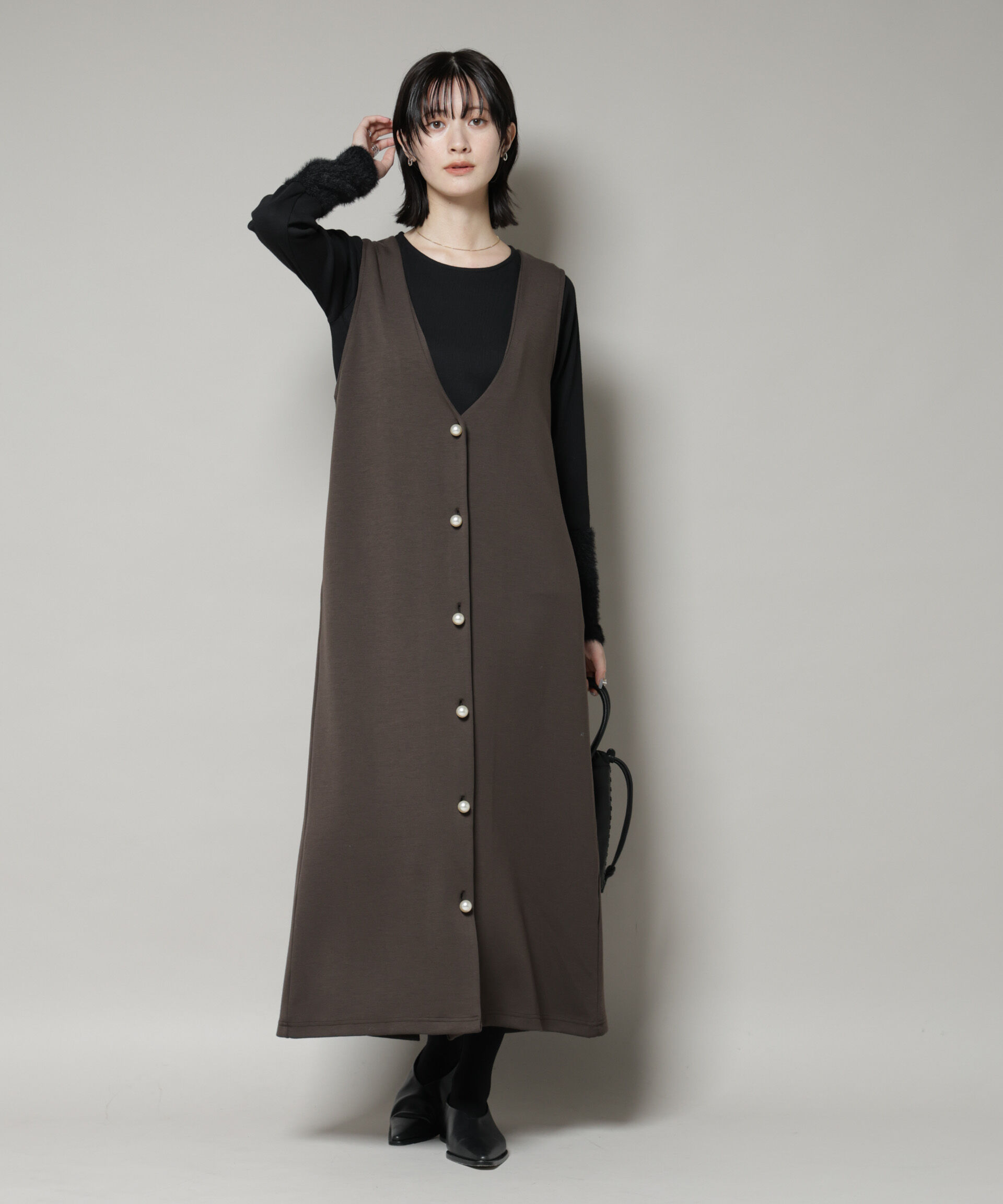 nano･universe「ジレワンピース&times;ファースリーブトップス アンサンブルセット」|ワンピース|ブラウン