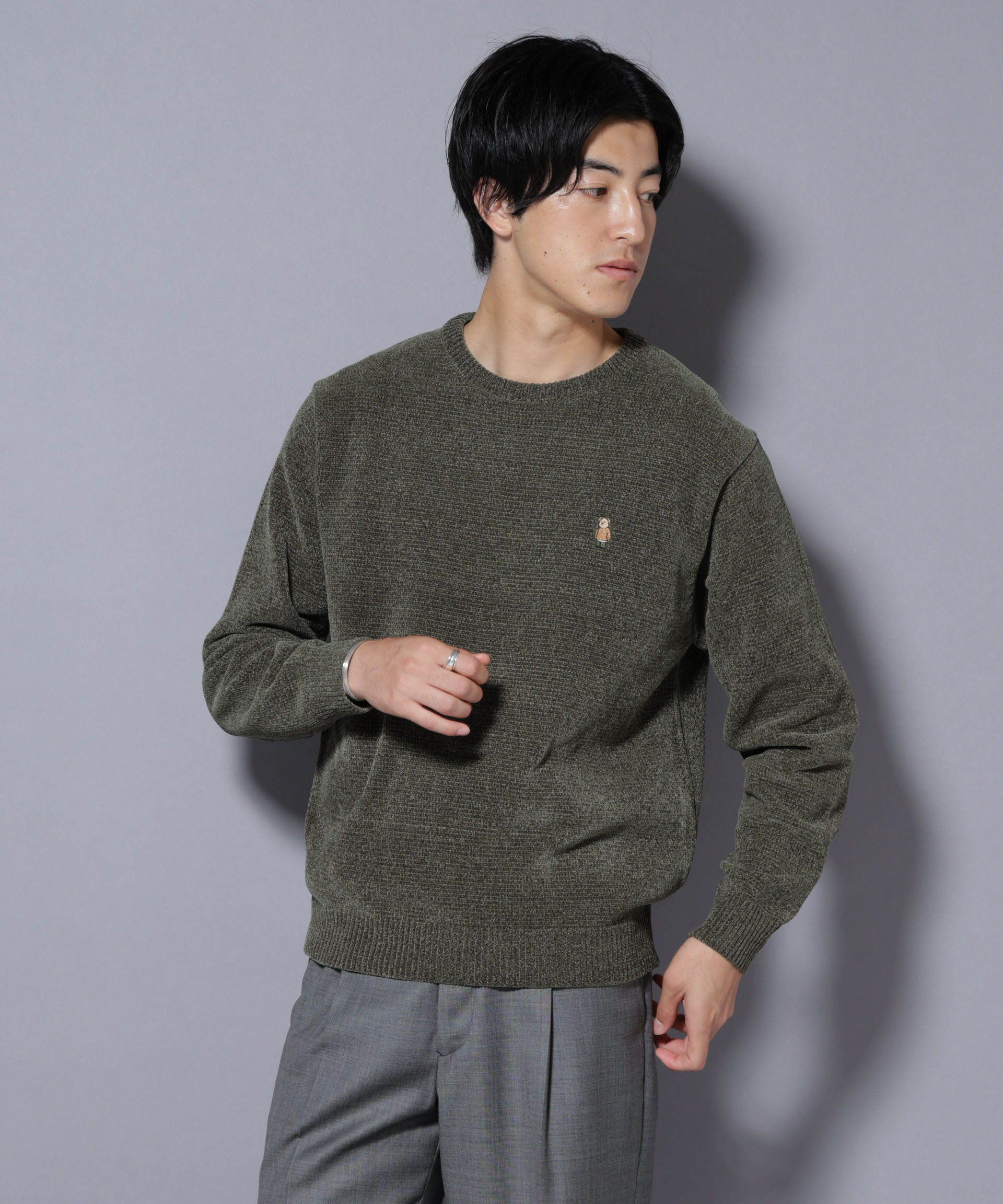 nano･universe「ナノベアモールニットクルーネック 2」|ニット・セーター|カーキ