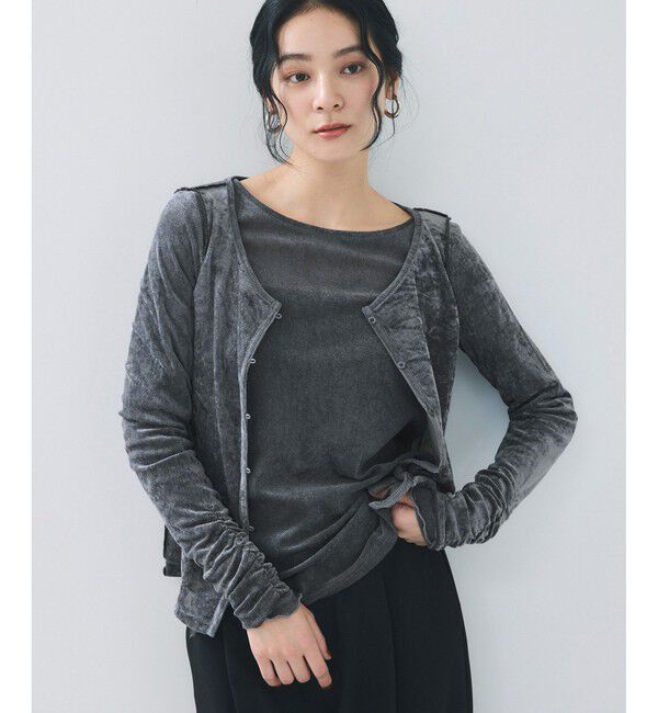 VIS「【2WAY】花柄＆無地アソート袖シャーリングベロアカーディガン」|カーディガン|