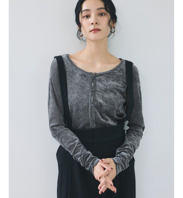 VIS「【2WAY】花柄＆無地アソート袖シャーリングベロアカーディガン」|カーディガン|