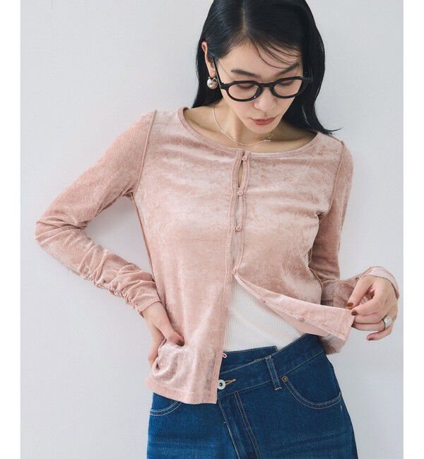 VIS「【2WAY】花柄＆無地アソート袖シャーリングベロアカーディガン」|カーディガン|