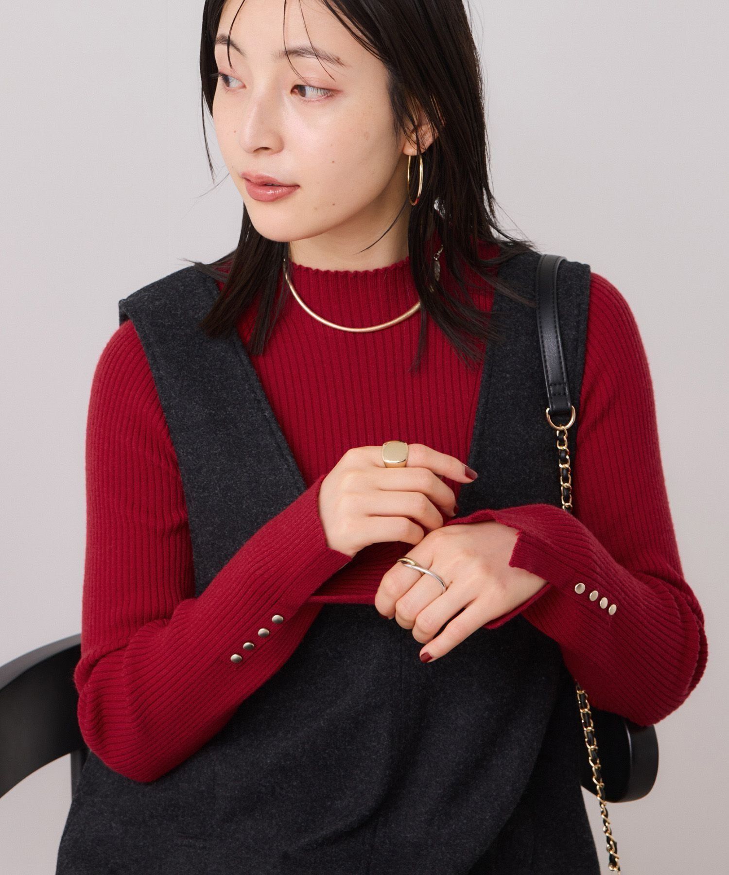 VIS「スリーブ釦アクセントリブニット/静電気防止」|ニット・セーター|