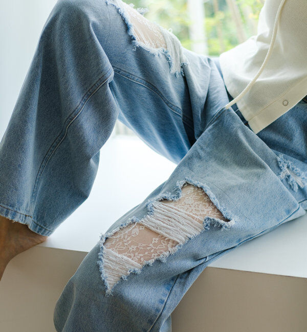  「【低身長サイズ/2サイズ展開/ウエスト調節可】レースデニムパンツ」|デニム|