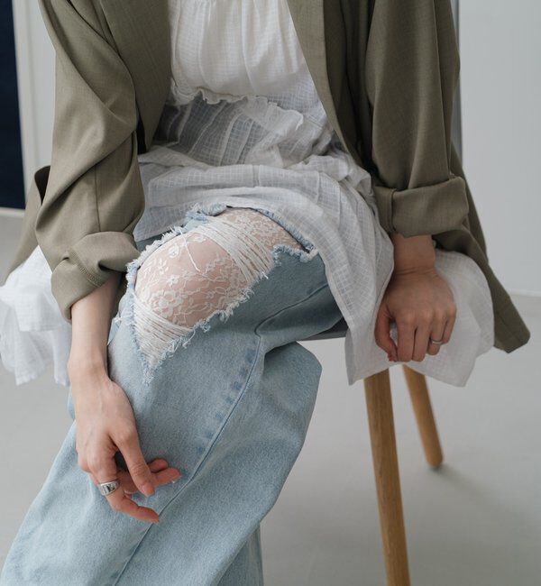  「【低身長サイズ/2サイズ展開/ウエスト調節可】レースデニムパンツ」|デニム|