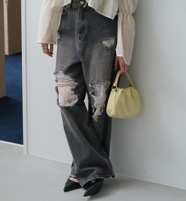  「【低身長サイズ/2サイズ展開/ウエスト調節可】レースデニムパンツ」|デニム|