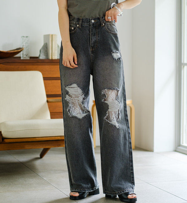  「【低身長サイズ/2サイズ展開/ウエスト調節可】レースデニムパンツ」|デニム|