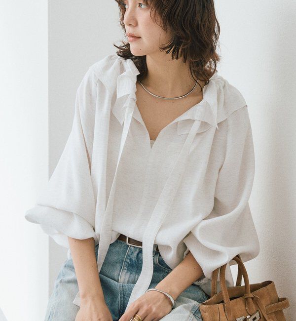  「【顔まわり華やか】リネンライクフリルカラーブラウス」|シャツ・ブラウス|エクリュ