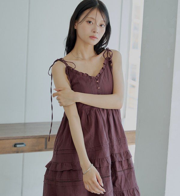  「【WEB限定追加】肩リボンコットンレースフリルキャミミニワンピ」|ワンピース|