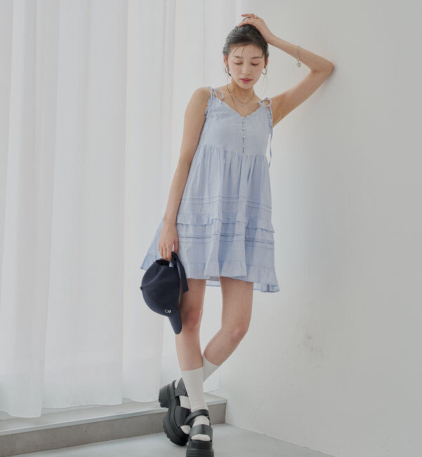  「【WEB限定追加】肩リボンコットンレースフリルキャミミニワンピ」|ワンピース|