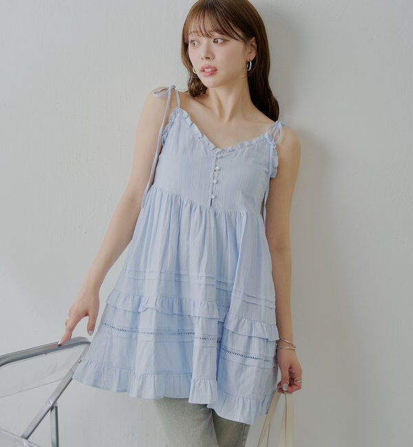  「【WEB限定追加】肩リボンコットンレースフリルキャミミニワンピ」|ワンピース|ブルー