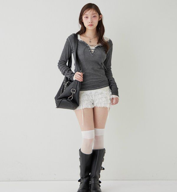  「レースショートパンツ(無地/ドット/チェック/レオパード)」|チノ|