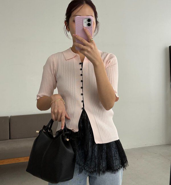  「【全骨格◎】ハーフスリーブポロニット」|カーディガン|