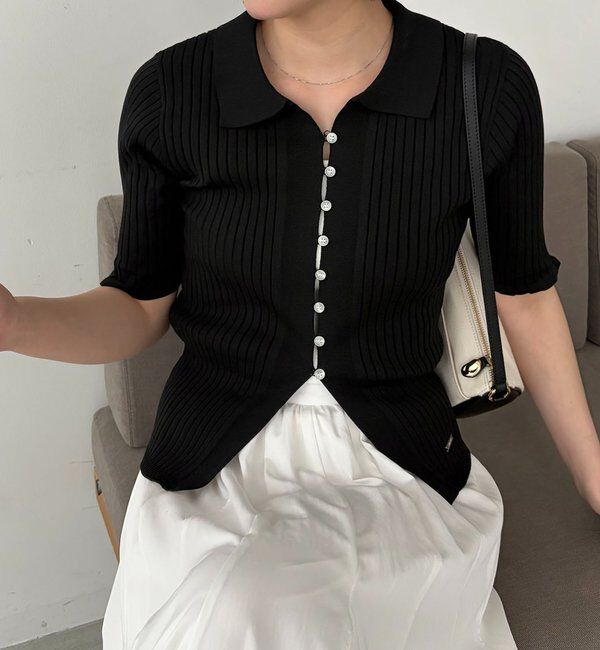  「【全骨格◎】ハーフスリーブポロニット」|カーディガン|ブラック