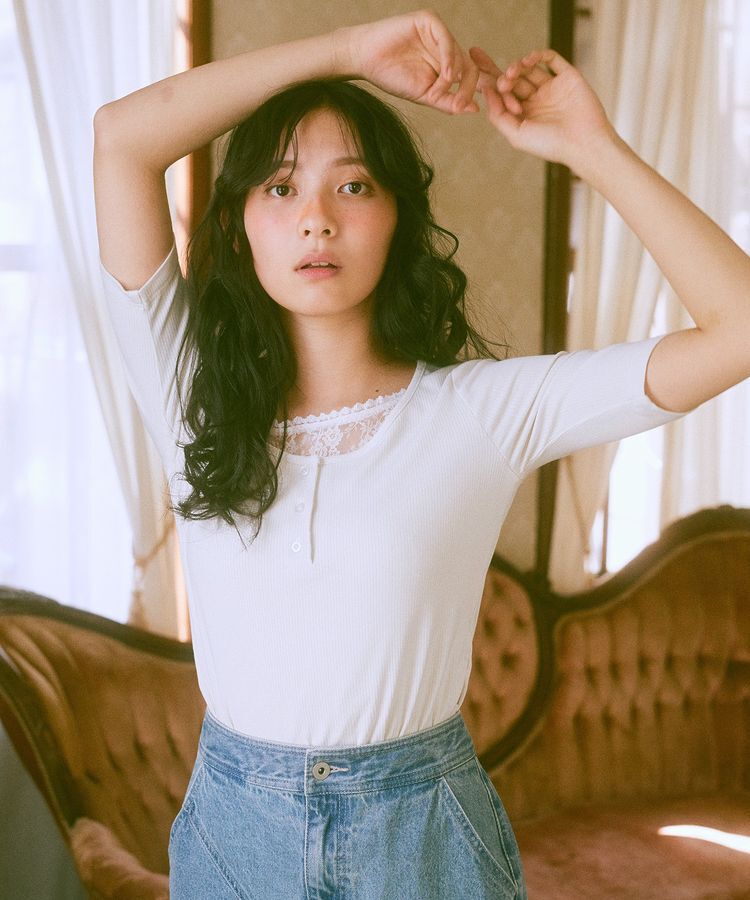 earth music&ecology「レースレイヤードリブプルオーバー」|Tシャツ・カットソー|