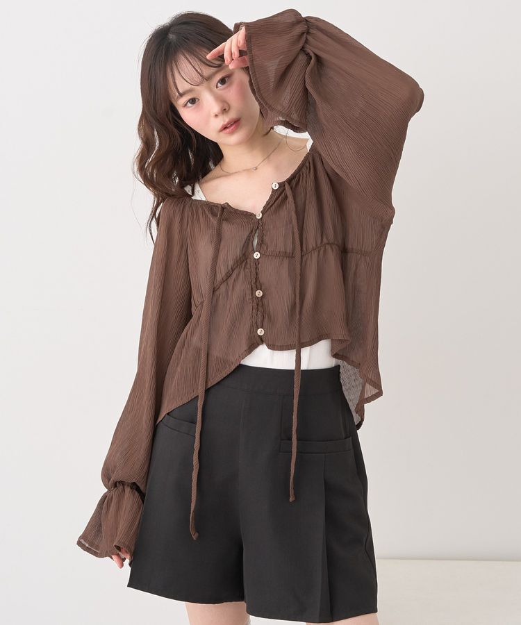 earth music&ecology「ナローリボンくしゅくしゅギャザーブラウス」|シャツ・ブラウス|Brown