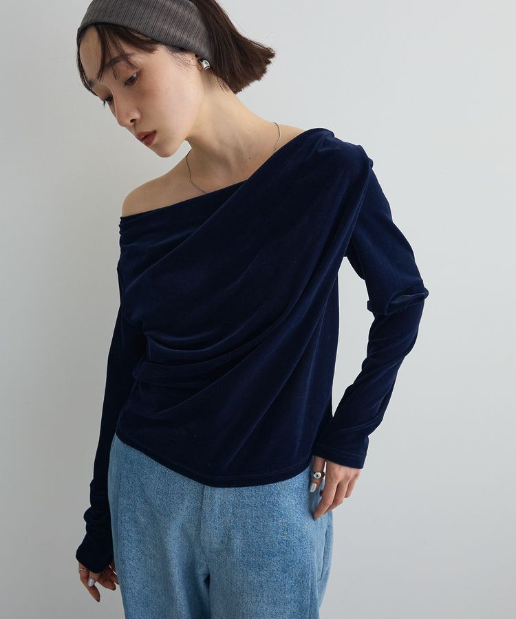 AnriettMusee「シアーベロアオフショル長袖プルオーバー」|Tシャツ・カットソー|Navy