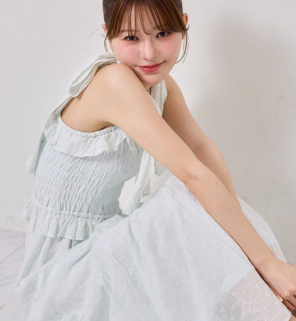  「【SMサイズ展開あり】肩リボンシャーリングキャミワンピ」|ワンピース|