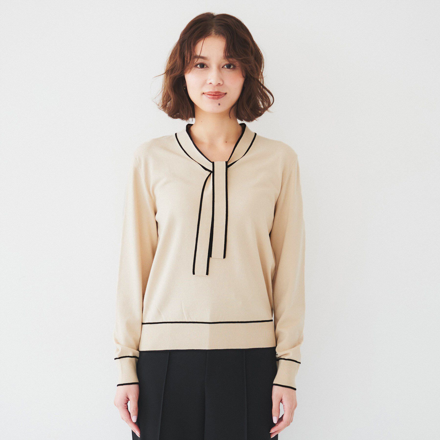 UNTITLED「【アンサンブル可能】ボウタイ 配色プルオーバーニット」|ニット・セーター|