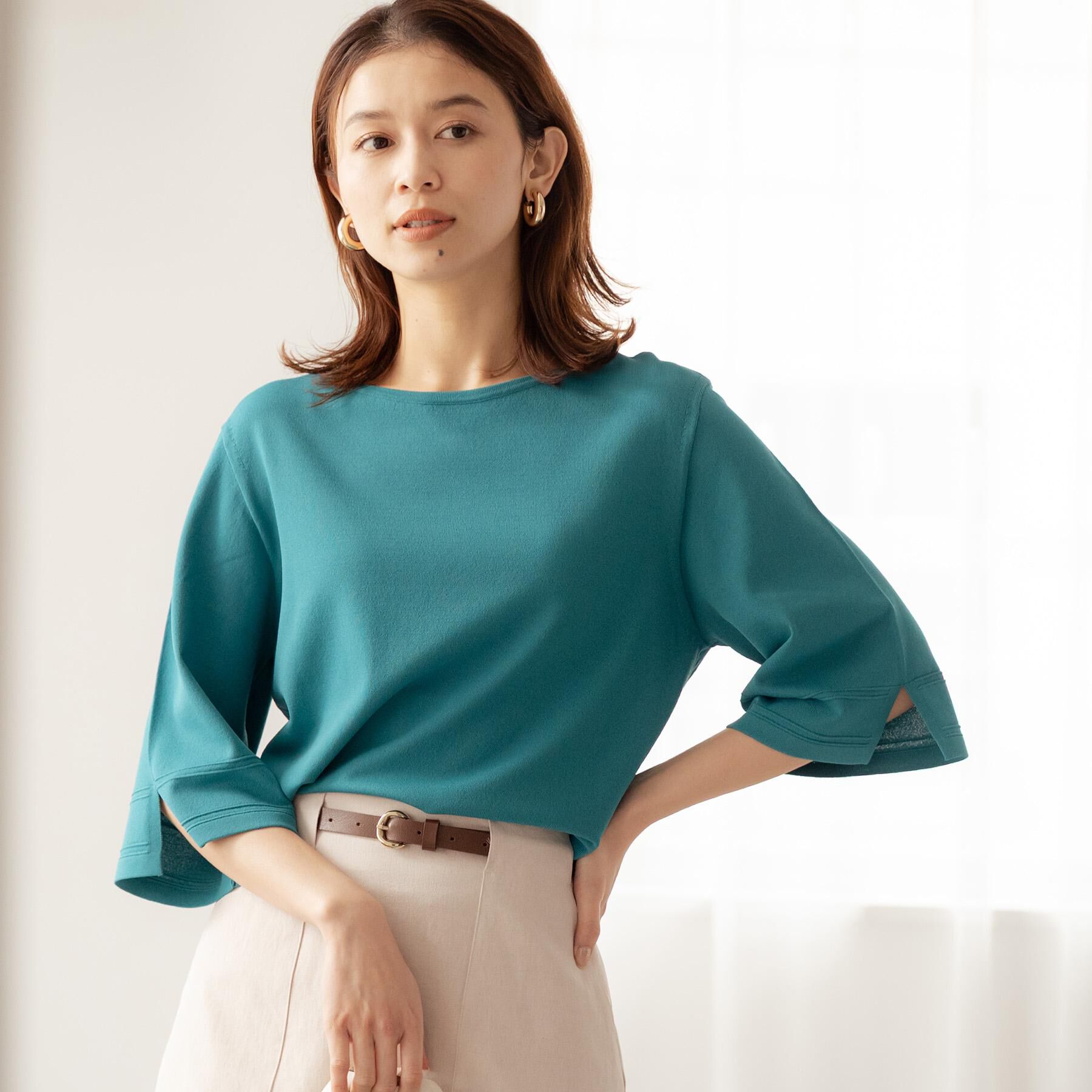 UNTITLED「袖スリットニットプルオーバー」|ニット・セーター|ブルーグリーン(09