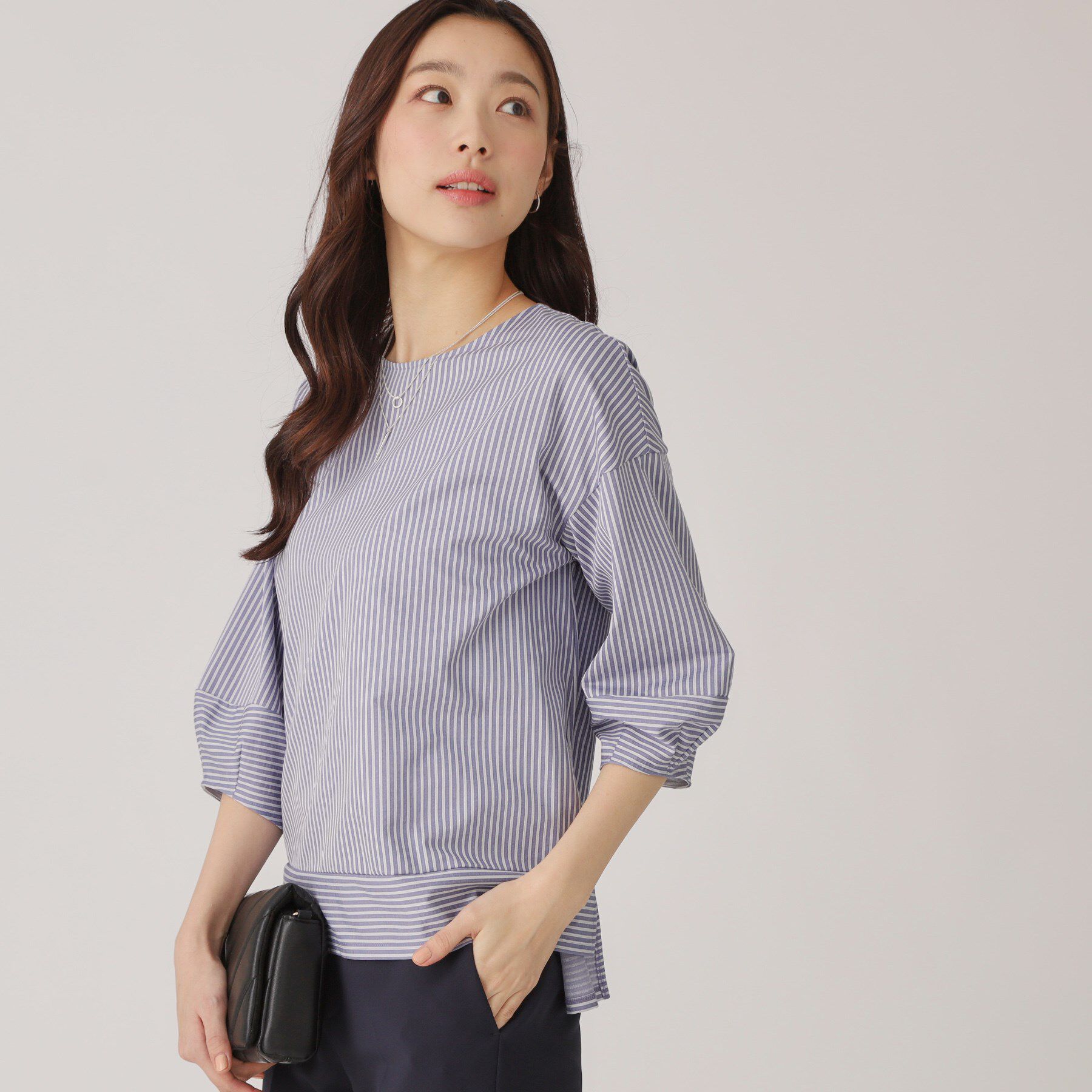 COUP DE CHANCE「【洗える／日本製／】ストライプ柄ジャージのトップス」|Tシャツ・カットソー|ブルー(393)