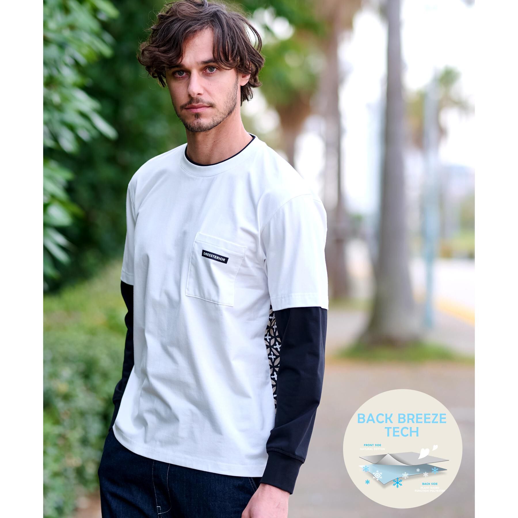 DRESSTERIOR「【接触冷感/UVカット】BACK BREEZE TECH バックオーバーラップサークルレイヤードロン」|Tシャツ・カットソー|ホワイト(001)