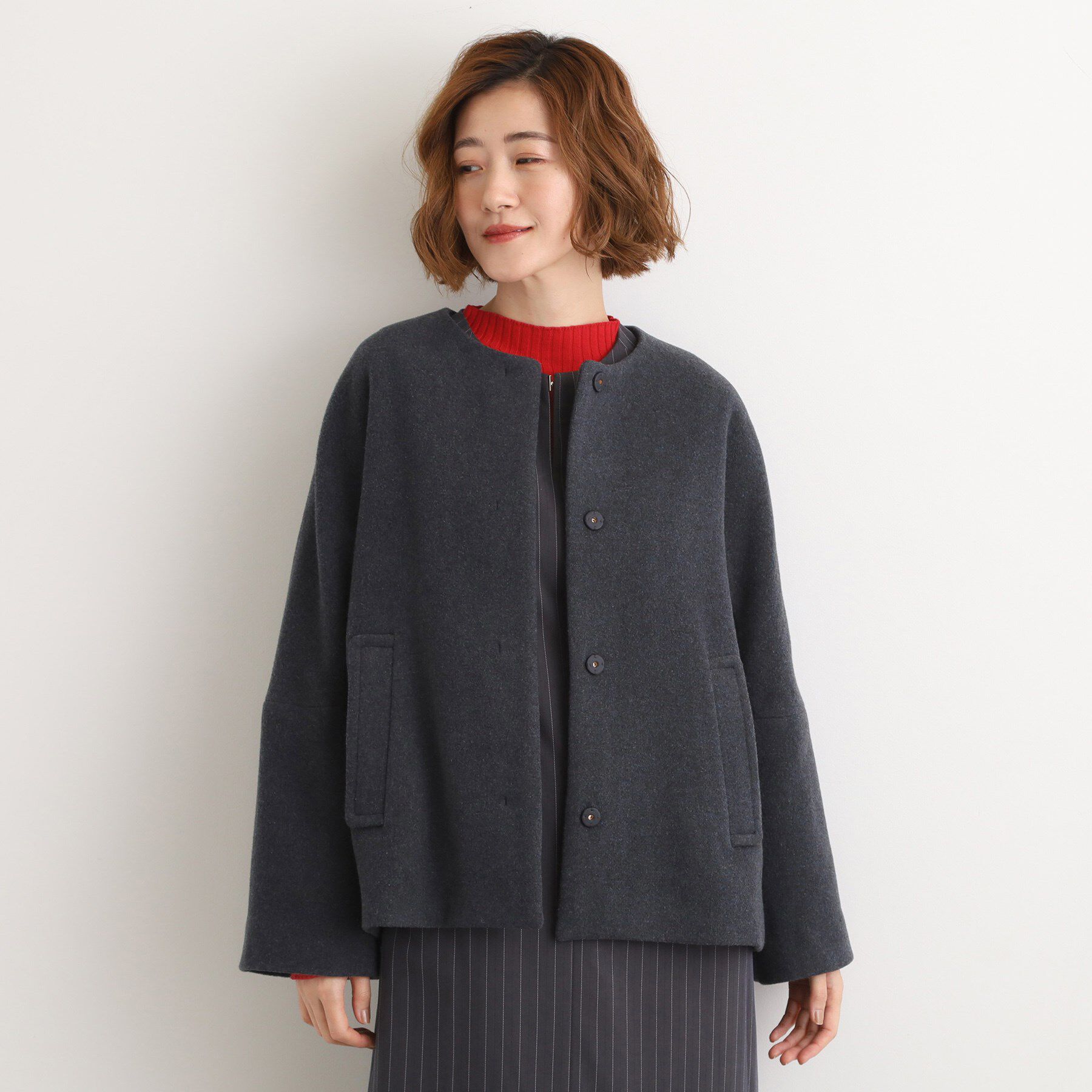 grove「【ウール混】軽やかに羽織れるショートコート」|ノーカラーコート|