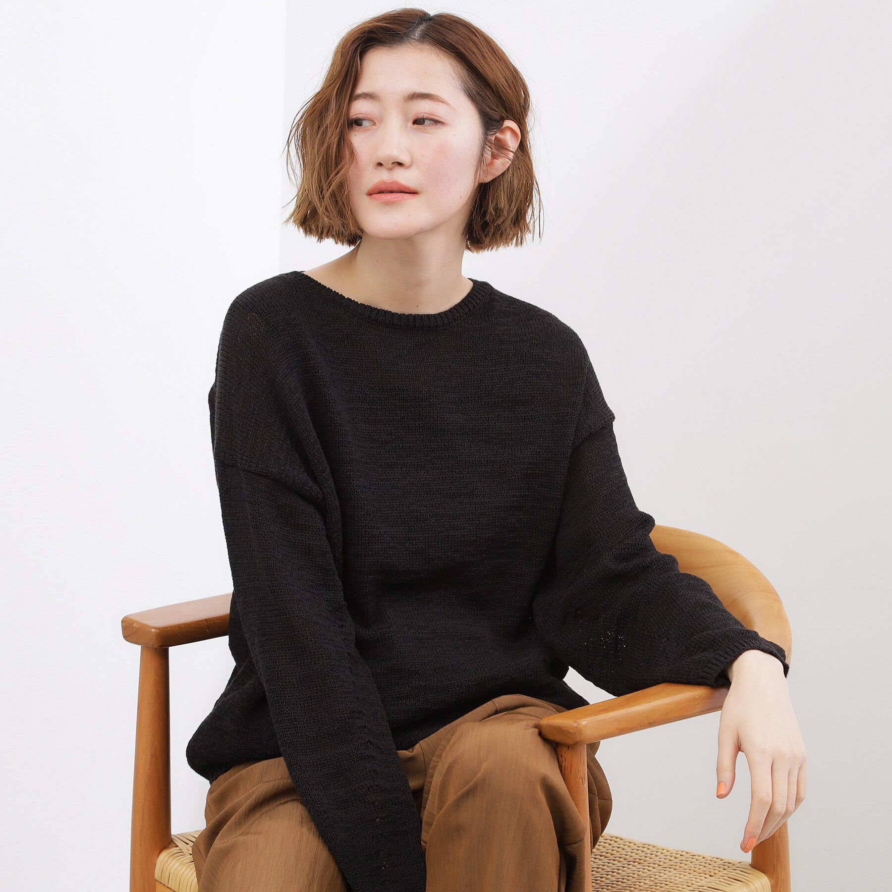 grove「【貴島明日香さん着用・大人のリラックススタイル】テープヤーン ボートネックニット」|ニット・セーター|ブラック(019)