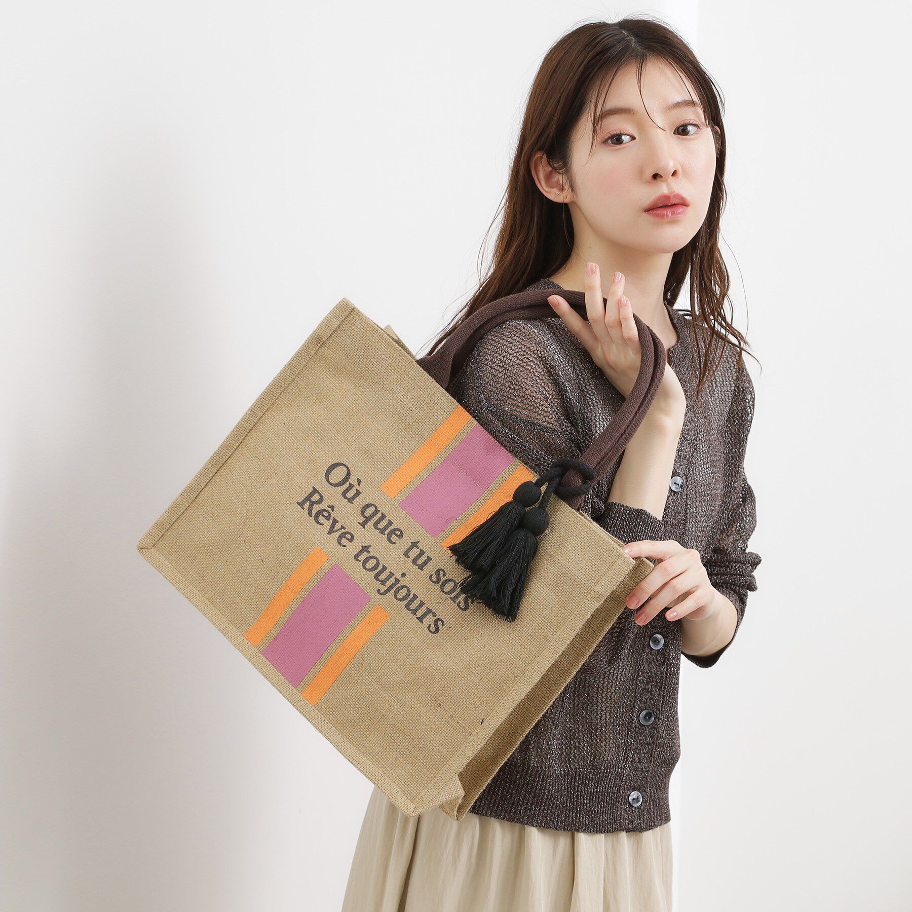 grove「ストライプジュートタッセルA4トート」|トートバッグ|