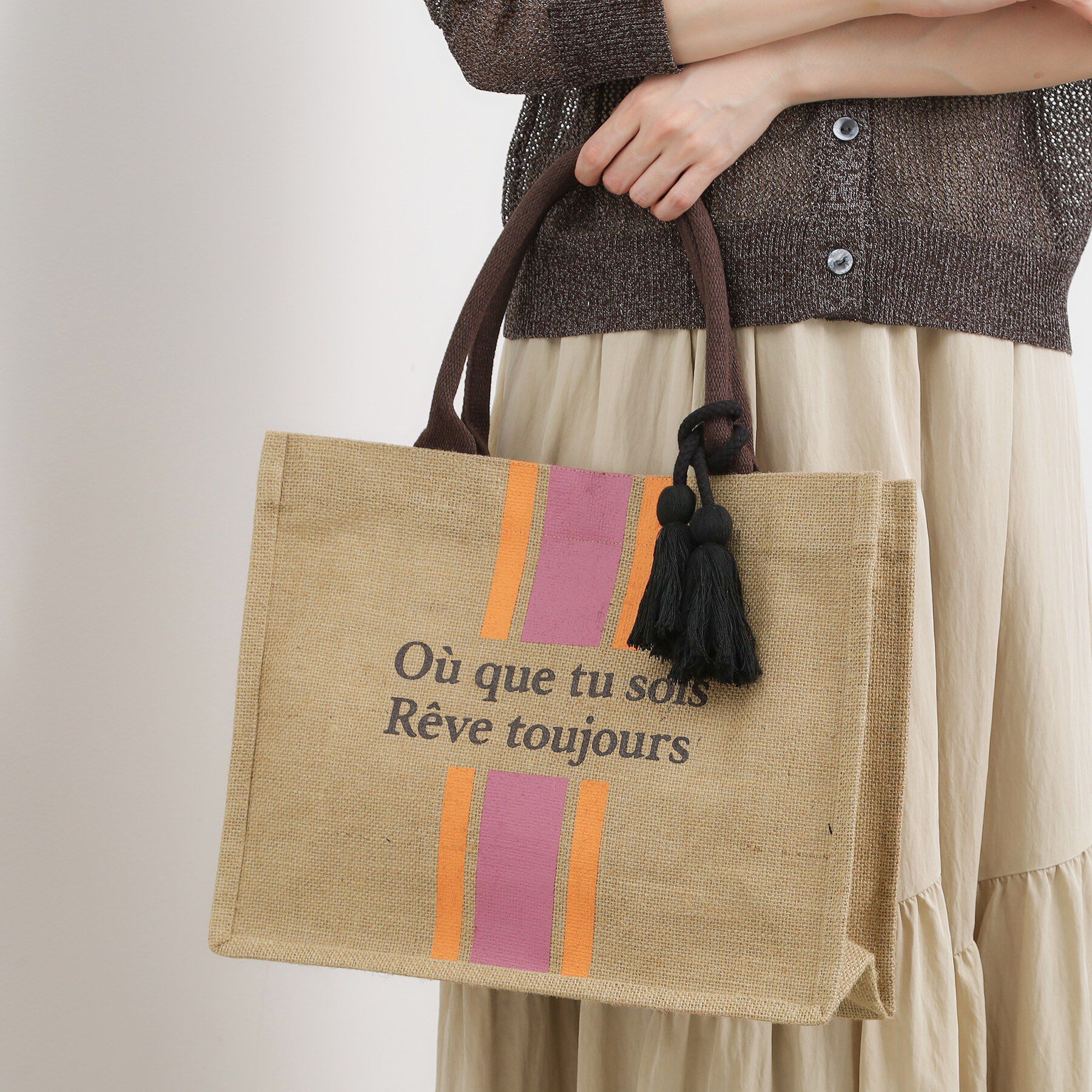 grove「ストライプジュートタッセルA4トート」|トートバッグ|ピンク(372)