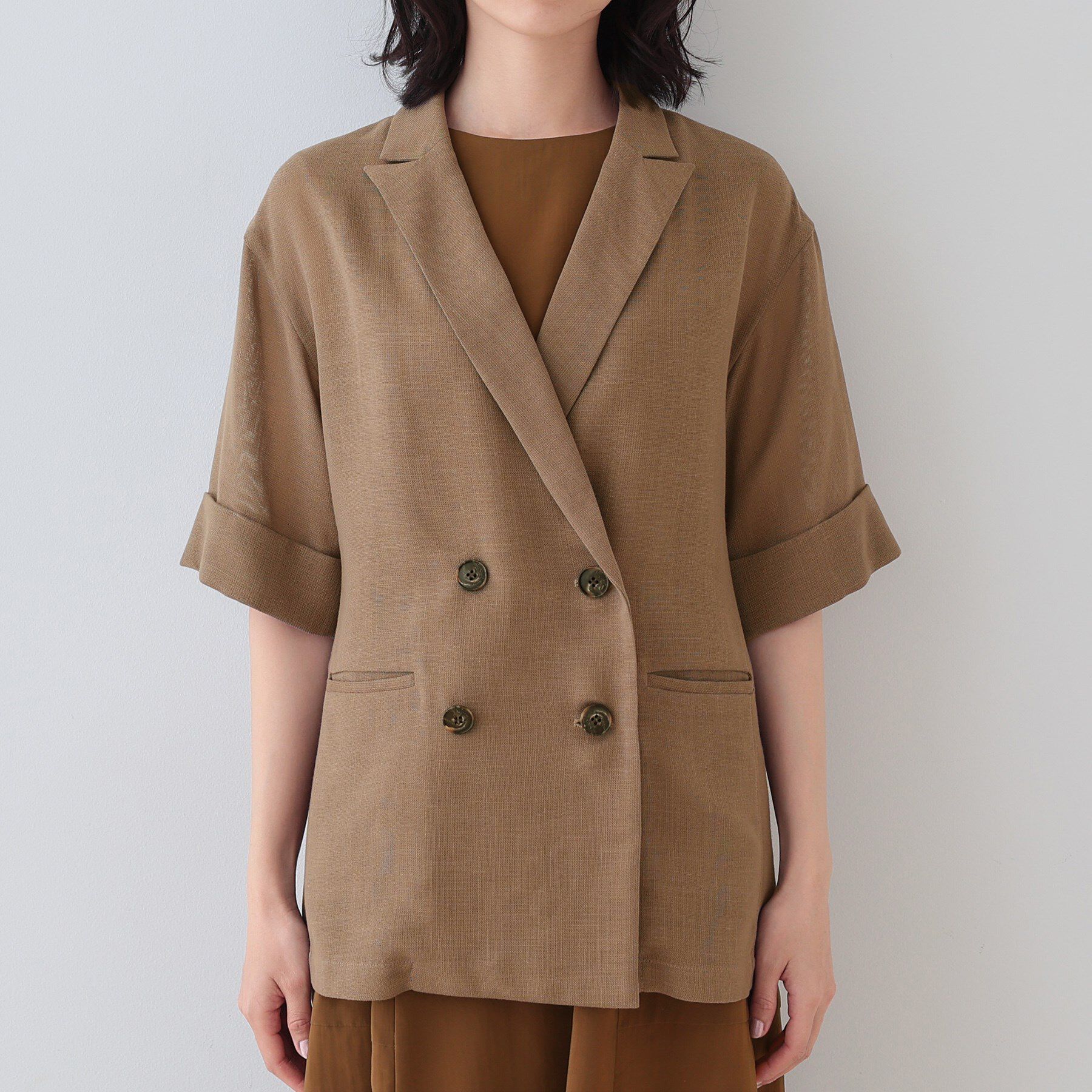 INDIVI「【洗える／メッシュ素材】リネンライク半袖ダブルジャケット」|テーラードジャケット|
