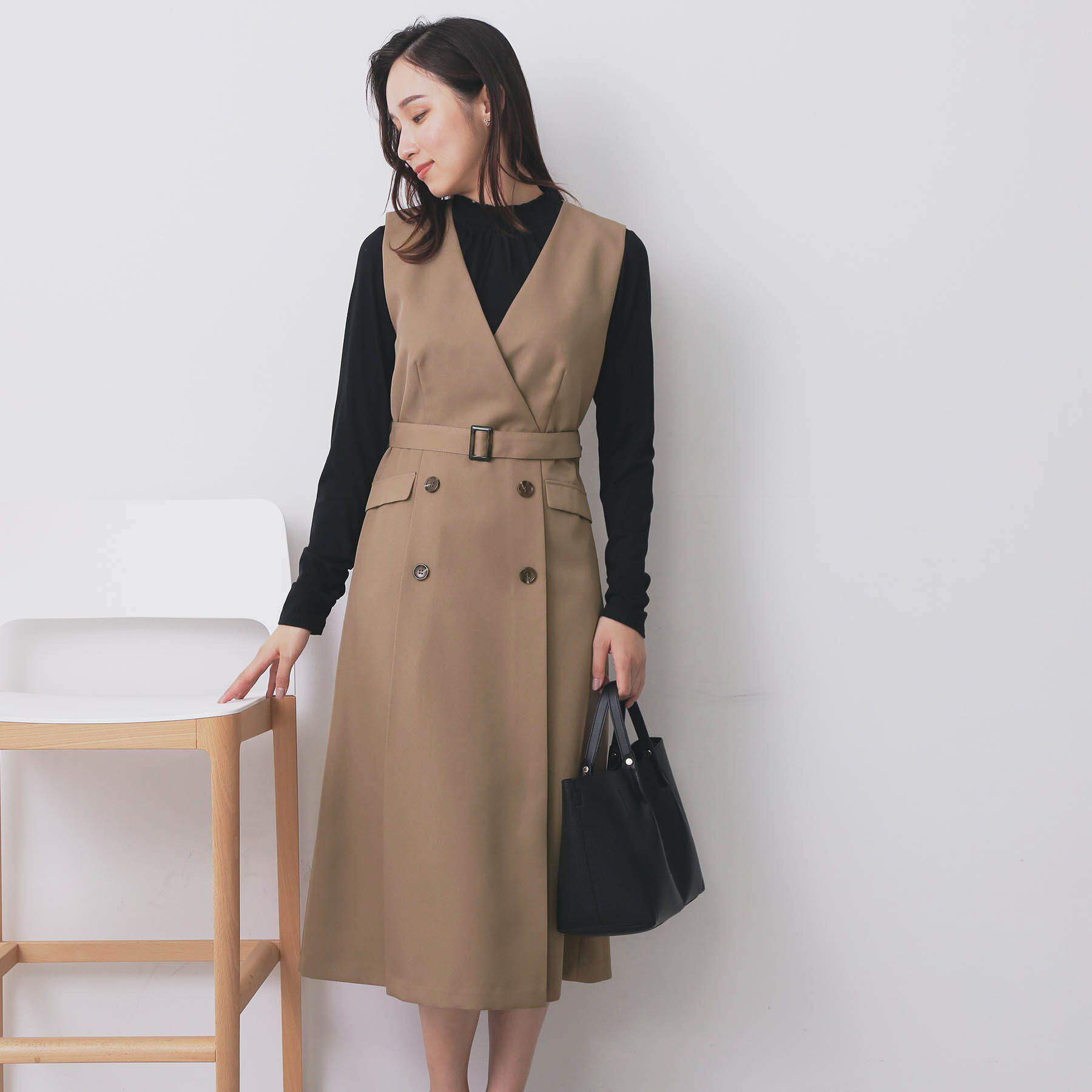 index「トレンチディティールワンピース【洗濯機OK/イージーアイロン/防シワ】」|ワンピース|キャメルブラウン(0