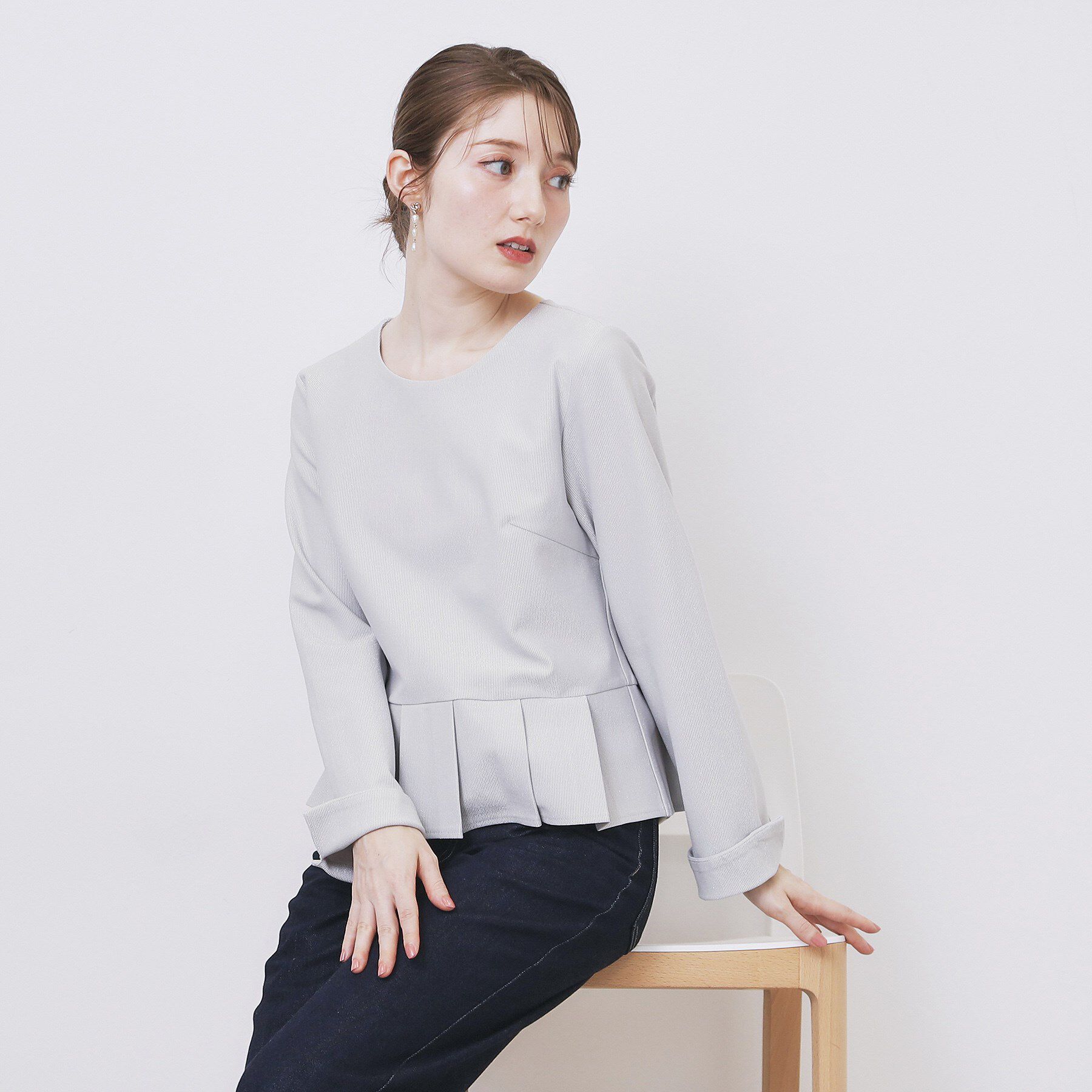 index「ストレッチペプラムラメトップス【洗濯機OK/防シワ/抗ピル】《S～3L》」|Tシャツ・カットソー|サックスブルー(09