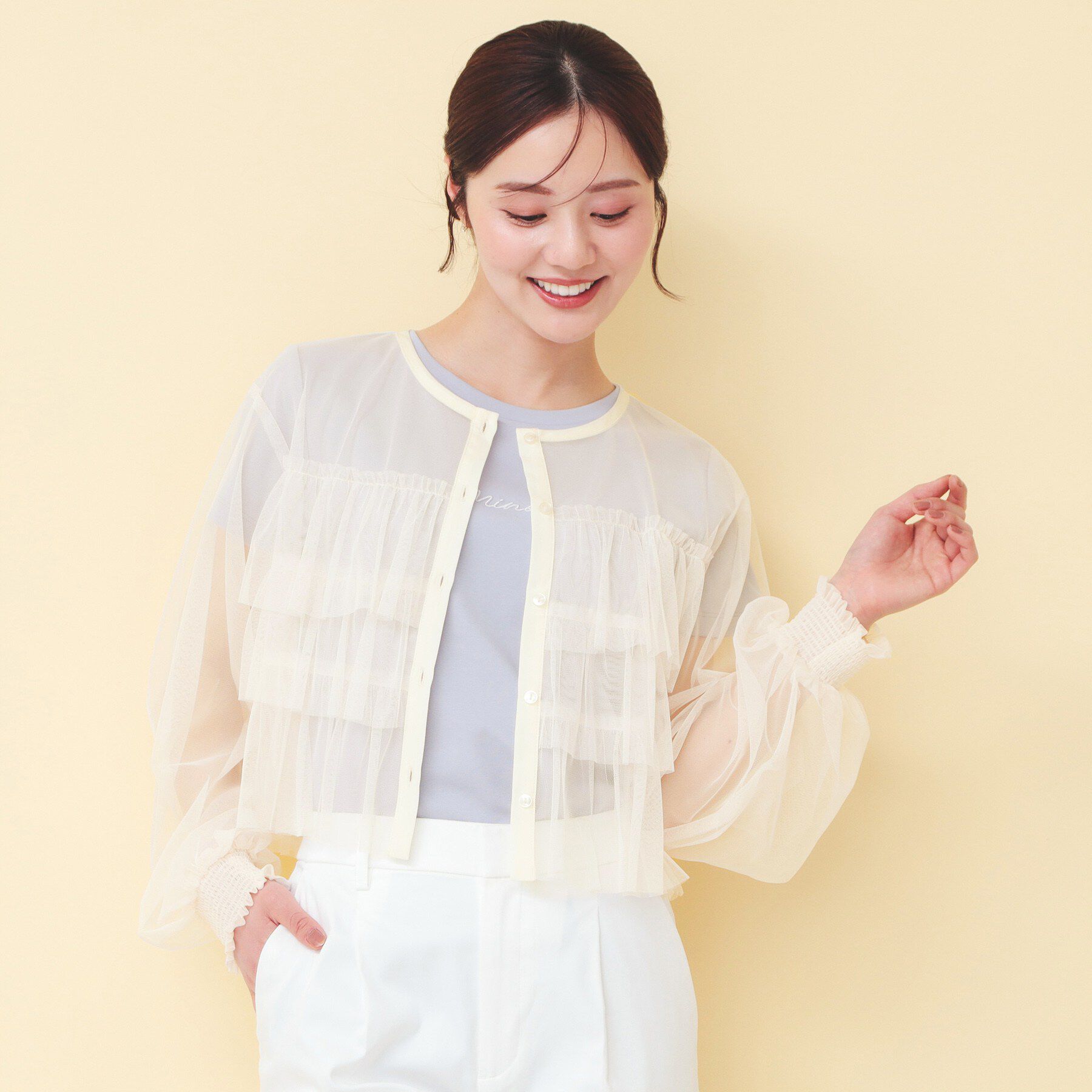 index「チュール3段フリルカーディガン【洗濯機OK】」|カーディガン|アイボリー(004)