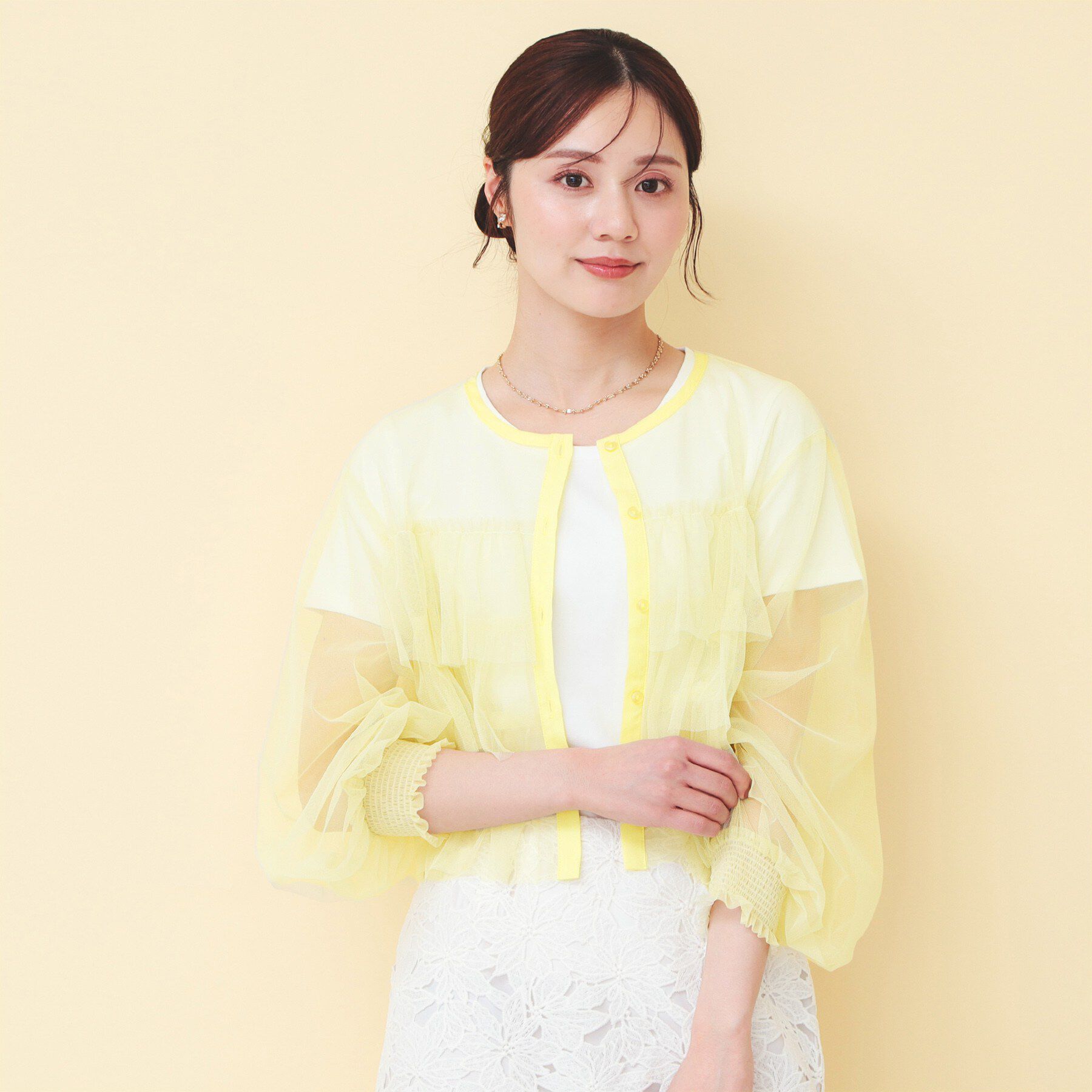 index「チュール3段フリルカーディガン【洗濯機OK】」|カーディガン|ライトイエロー(03