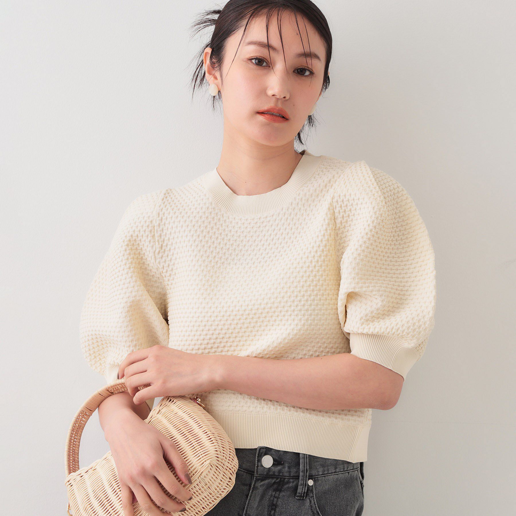 OPAQUE.CLIP「ぽこぽこパフスリーブニット【洗濯機洗い可/抗ピル】」|ニット・セーター|オフホワイト(003