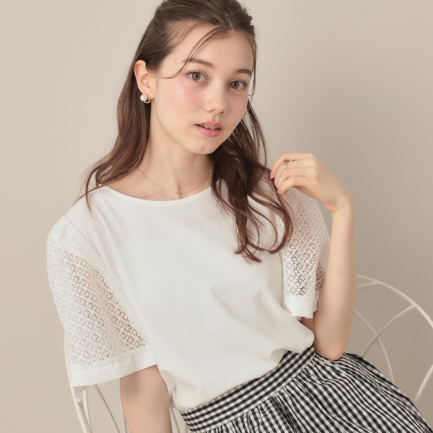 Couture broach「【接触冷感・5分袖】ケミカルレースフレアスリーブトップス」|Tシャツ・カットソー|