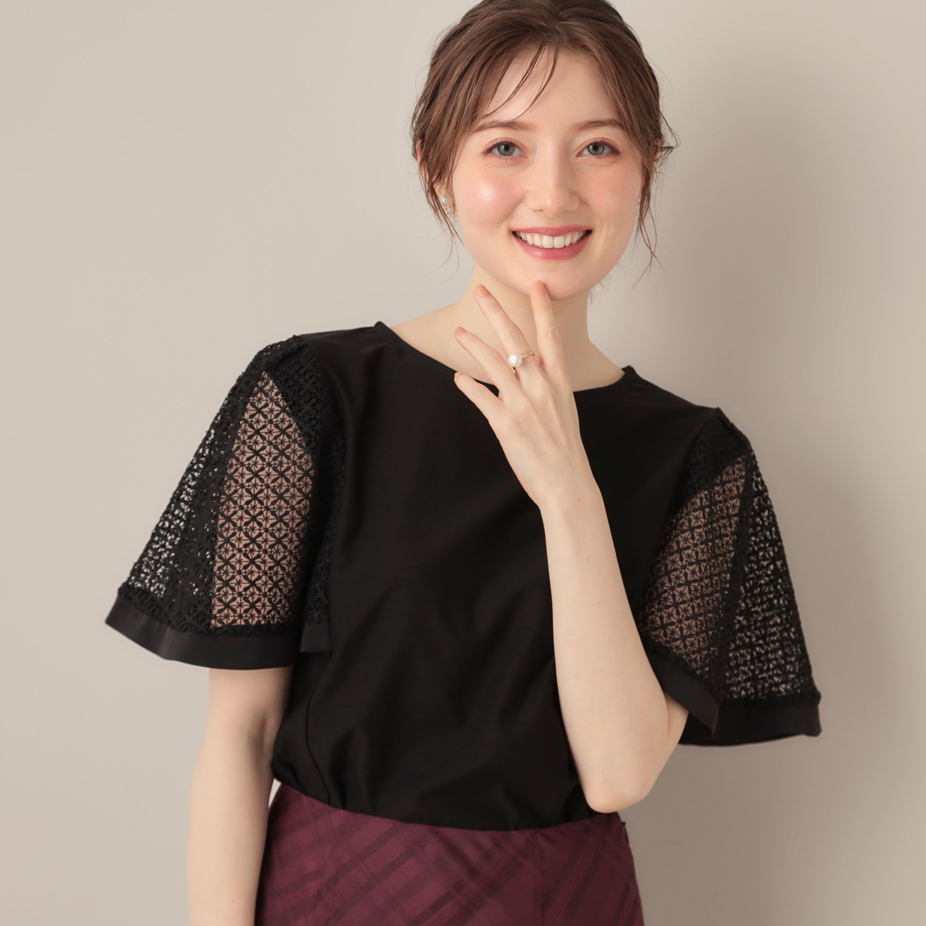 Couture broach「【接触冷感・5分袖】ケミカルレースフレアスリーブトップス」|Tシャツ・カットソー|