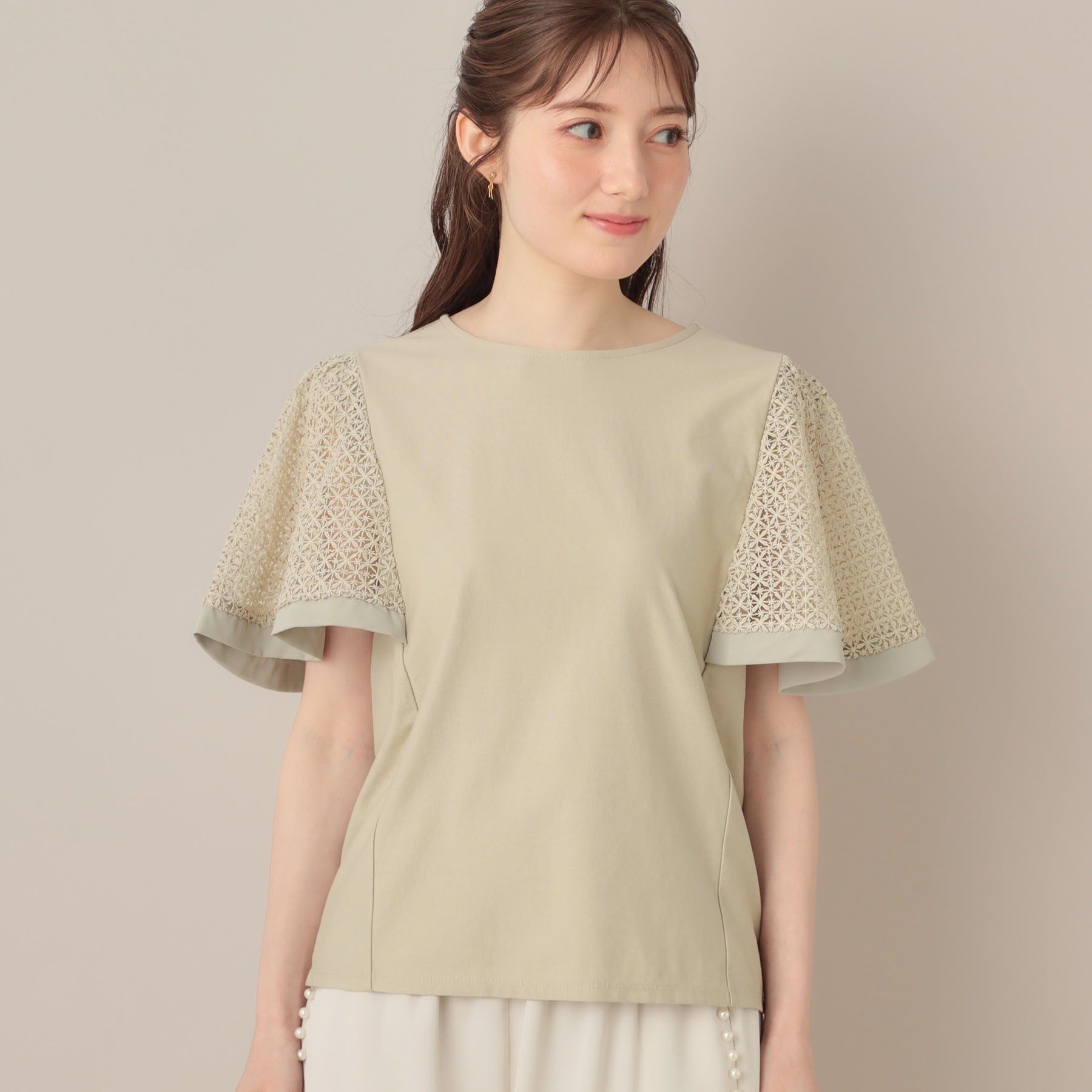 Couture broach「【接触冷感・5分袖】ケミカルレースフレアスリーブトップス」|Tシャツ・カットソー|