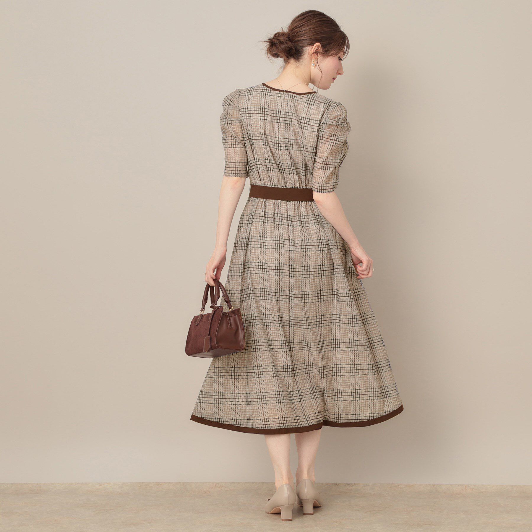 Couture broach「【美シルエット・5分袖】シアーチェックオーガンワンピース」|ワンピース|