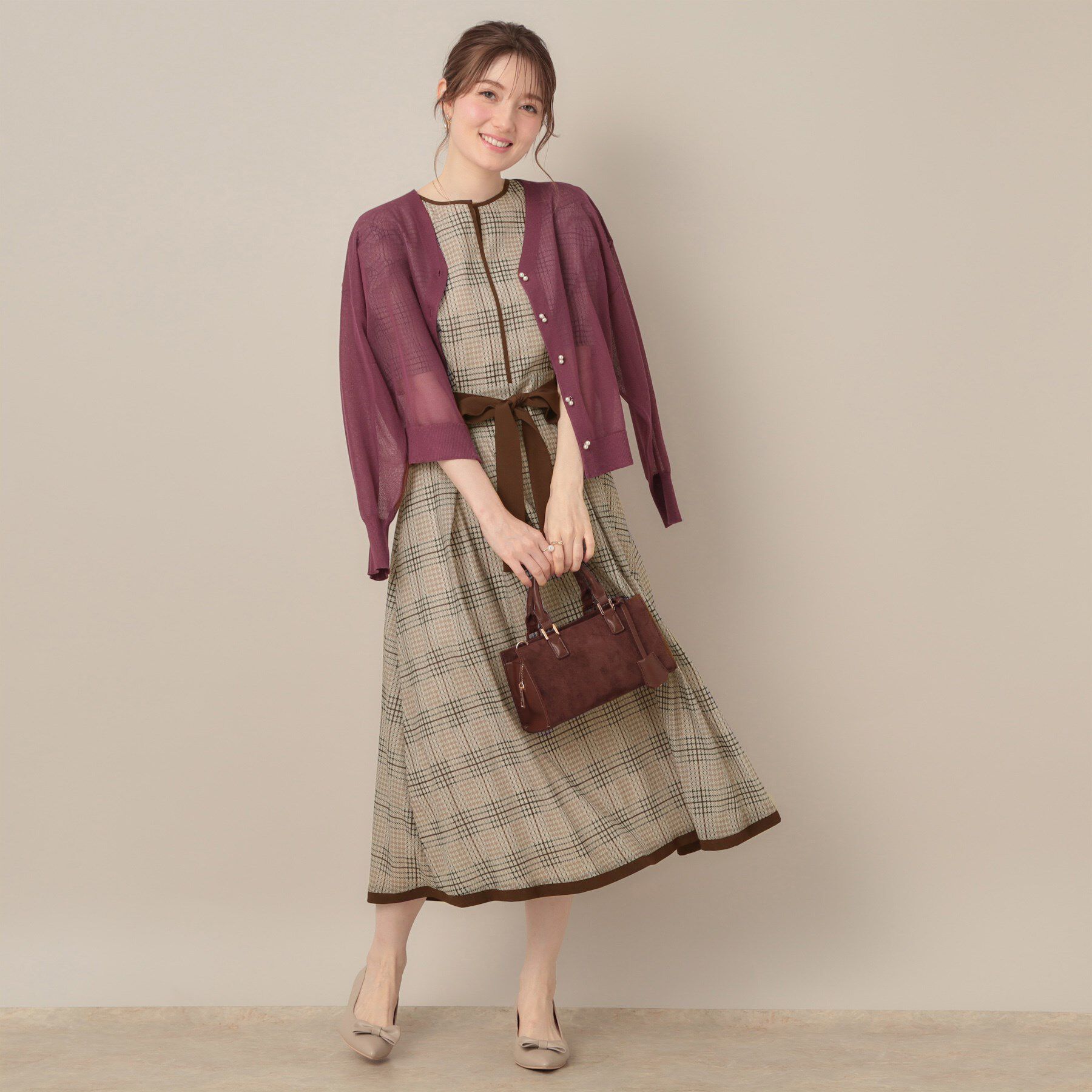 Couture broach「【美シルエット・5分袖】シアーチェックオーガンワンピース」|ワンピース|