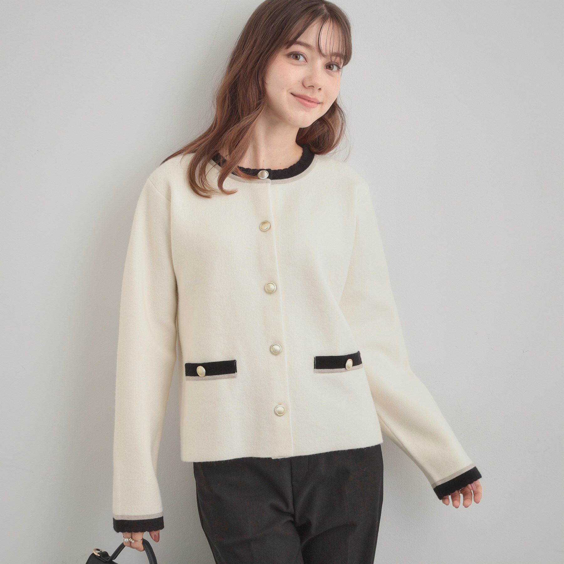 Couture broach「【通勤・大人上品】ムースタッチジャカード 配色スカラカーディ」|カーディガン|
